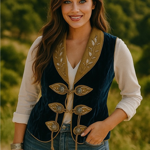 Double D Ranch beaded heavily embellished cobalt blue tasseled vest - Picture 3 of 14
